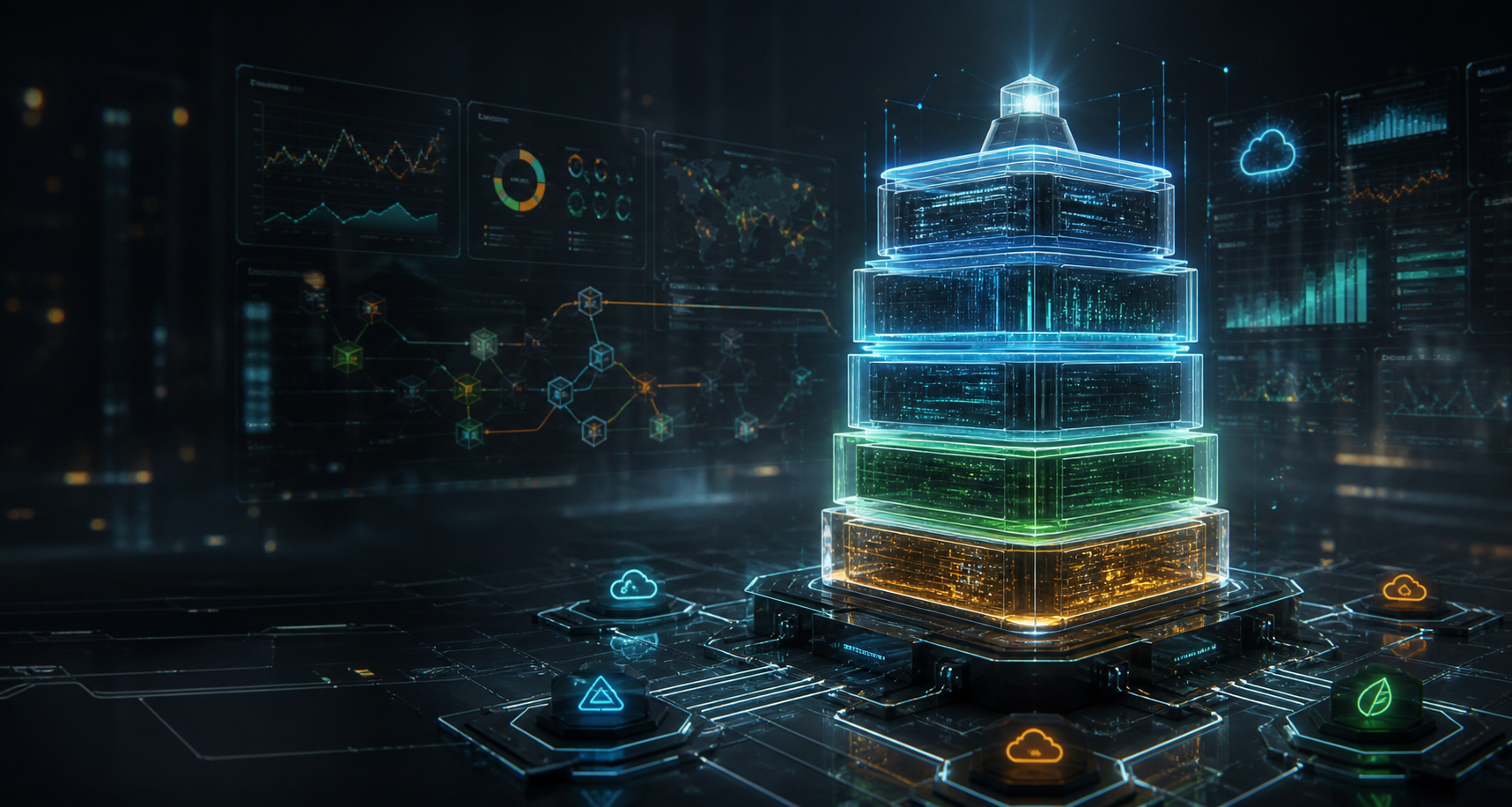 Abstract cloud operations command center with a luminous stacked infrastructure beacon